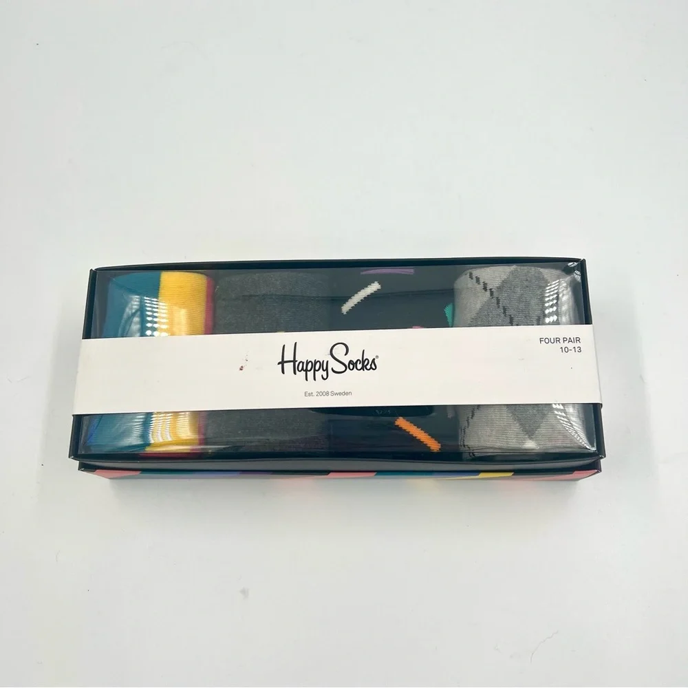 NEW Happy Socks Four Pair Pack (10-13) Plaid/Stripe/Umbrella Print